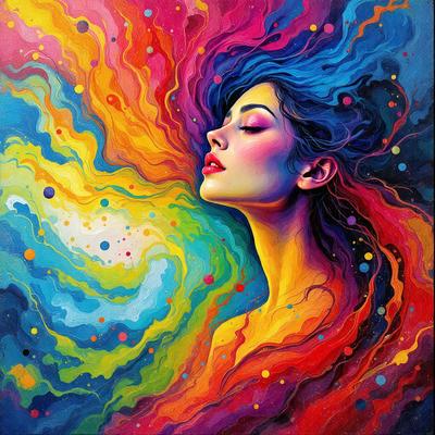 The primary subject of the image is a woman with long hair, who is the main focus of the scene. She is depicted in a colorful, artistic manner, with her hair and surroundings painted in vibrant colors. The setting appears to be a surreal, dream-like environment, with a backdrop of swirling, colorful patterns. The visual style of the image is a combination of digital art and illustration, creating a unique and captivating artwork. The overall atmosphere of the image is one